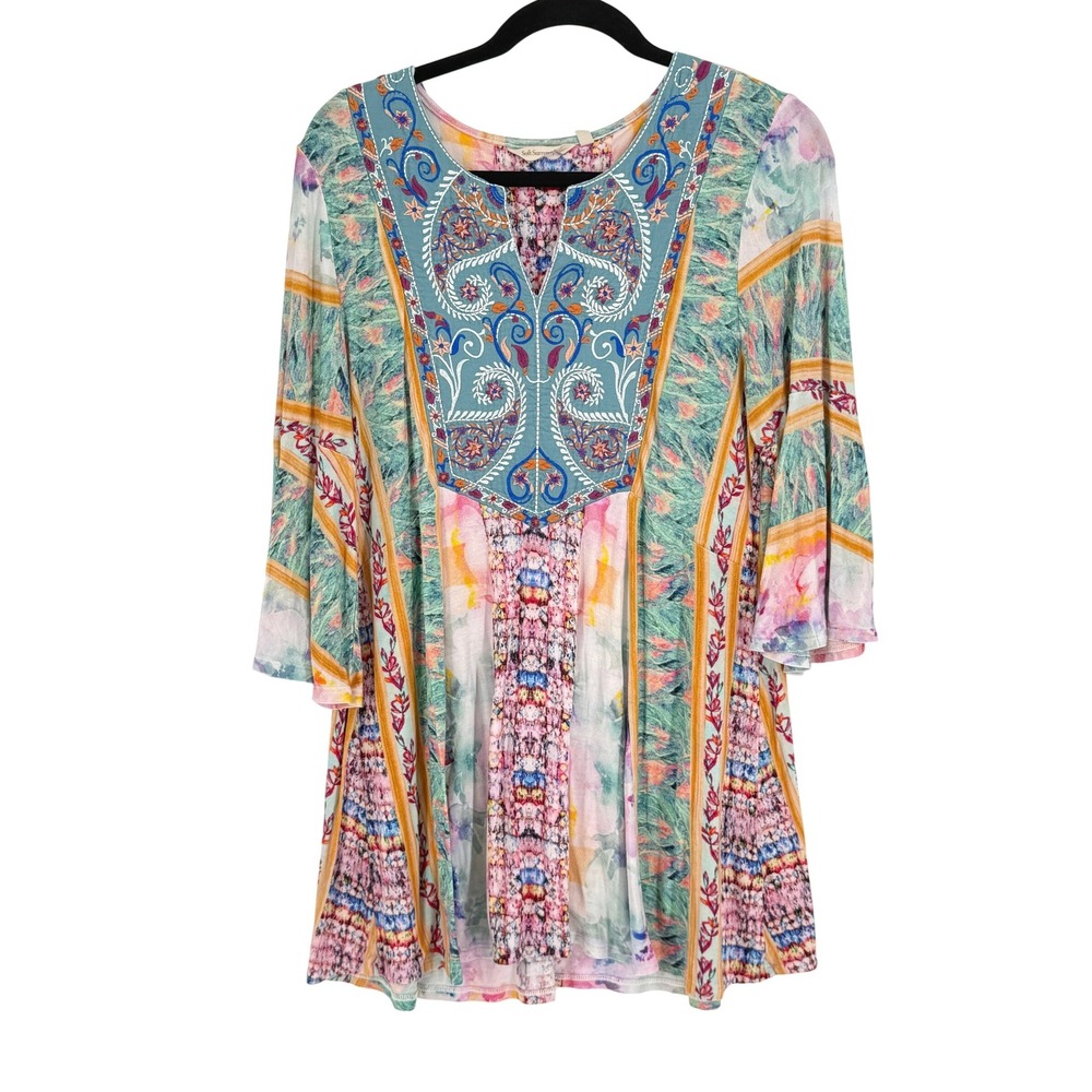 Womens Embroidered Floral Paisley Mixed Print Boho Tunic Top sz Granola‎ Hippie
